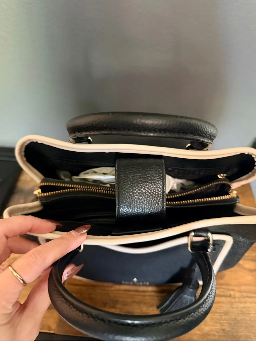 kate spade Black Pebbled Leather Satchel with Cream Piping